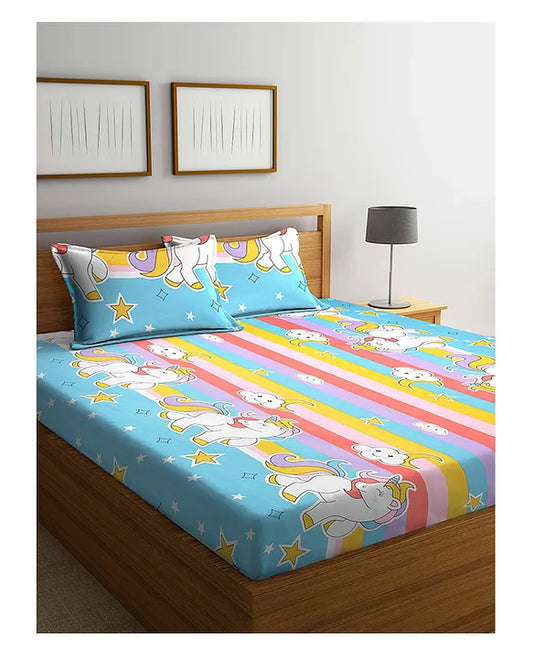 Klotthe Kids King Size Double Bed Sheet With 2 Pillow Covers Unicorn Print - Blue