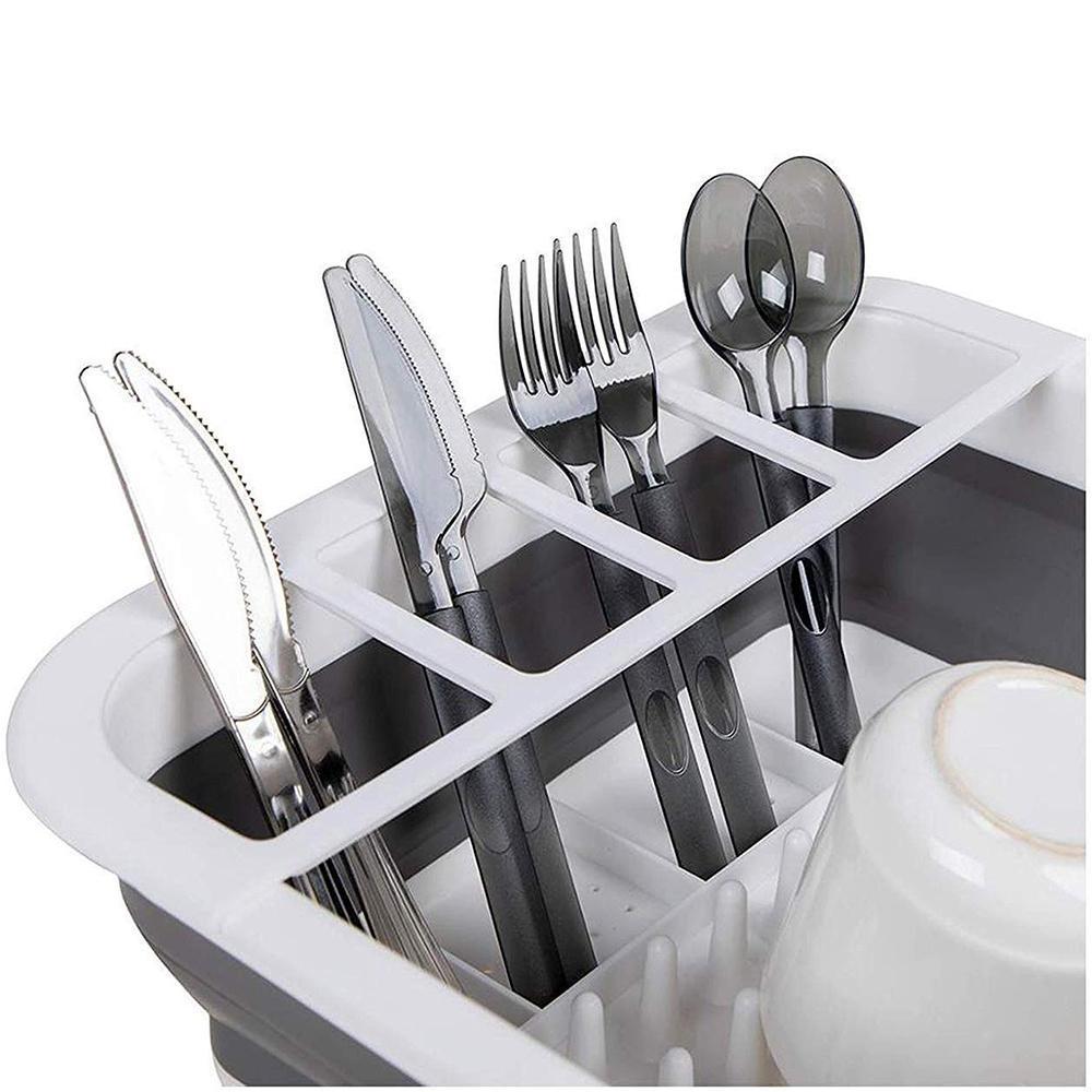 COLLAPSIBLE FOLDING SILICONE DISH DRYING DRAINER RACK WITH SPOON FORK KNIFE STORAGE HOLDER
